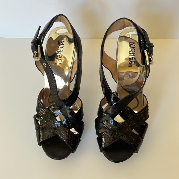 Michael Michael Kors Black Niki Cross Strap Heels Sz 6 Genuine Snake Leather - Picture 2 of 8